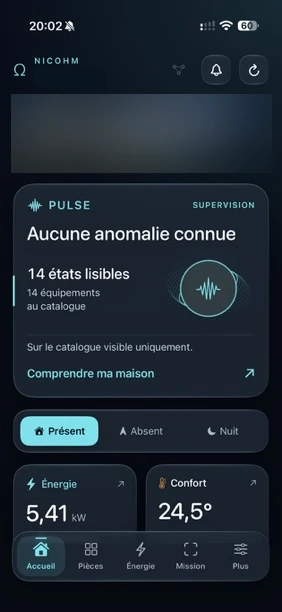 Capture réelle de l’accueil NICOHM : supervision Pulse, modes de présence, énergie, confort et navigation par onglets. Informations privées masquées.